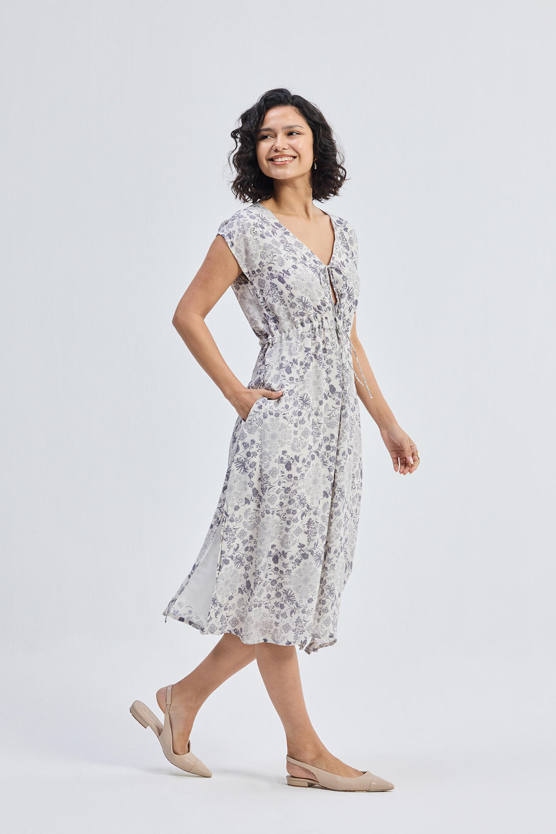 Deep V-neck Gathered Dress in Florals -COL - Stella Carakasi