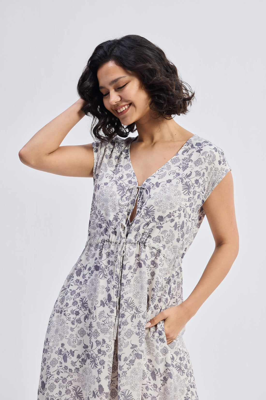 Deep V-neck Gathered Dress in Florals -COL - Stella Carakasi