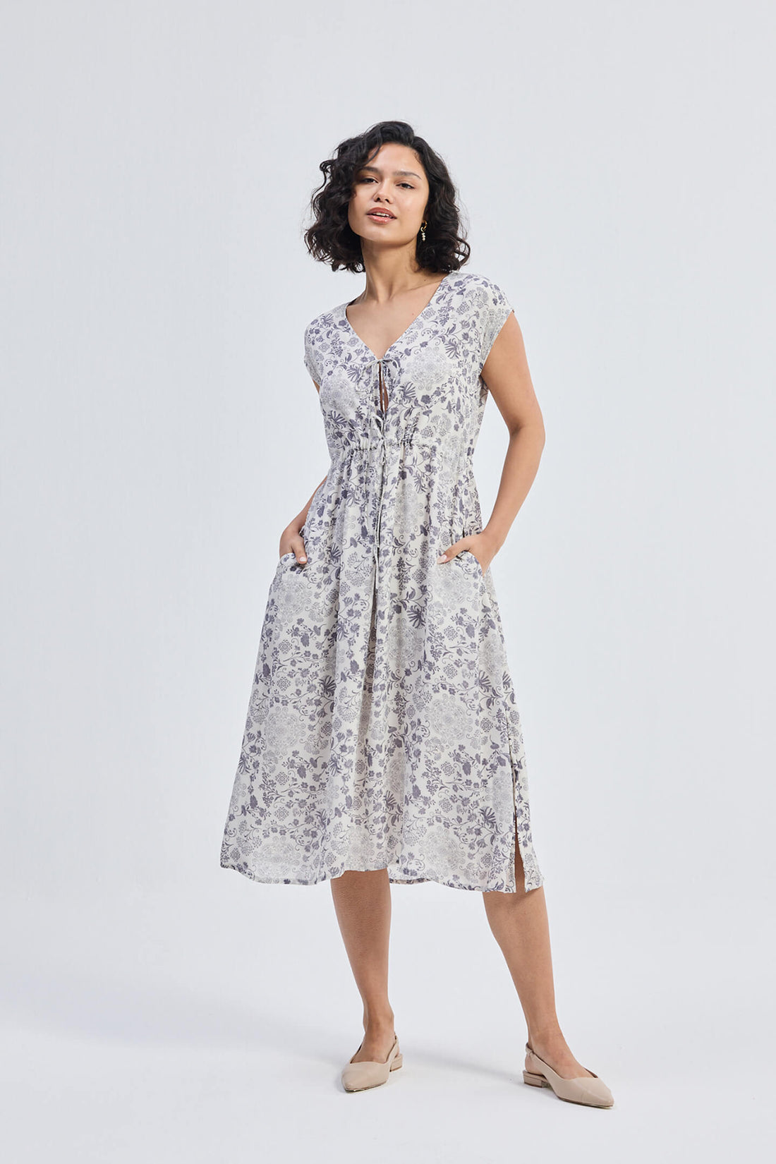 Deep V-neck Gathered Dress in Florals -COL - Stella Carakasi