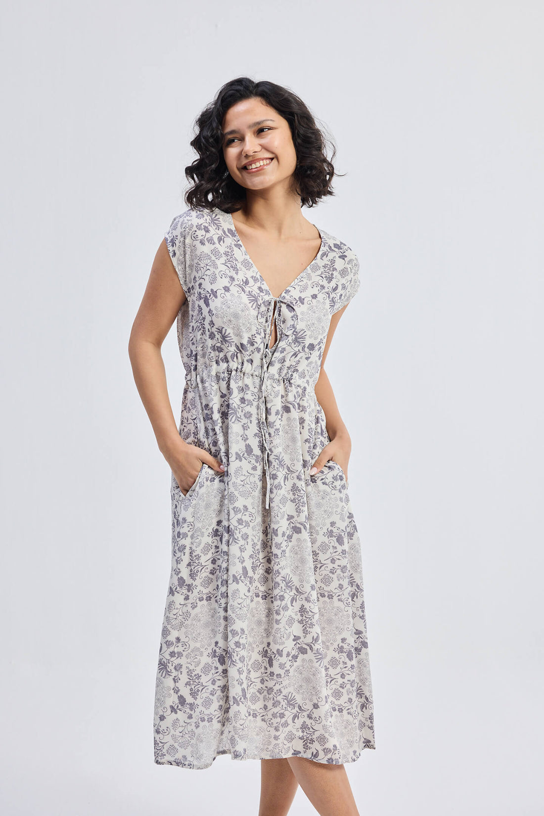 Deep V-neck Gathered Dress in Florals -COL - Stella Carakasi