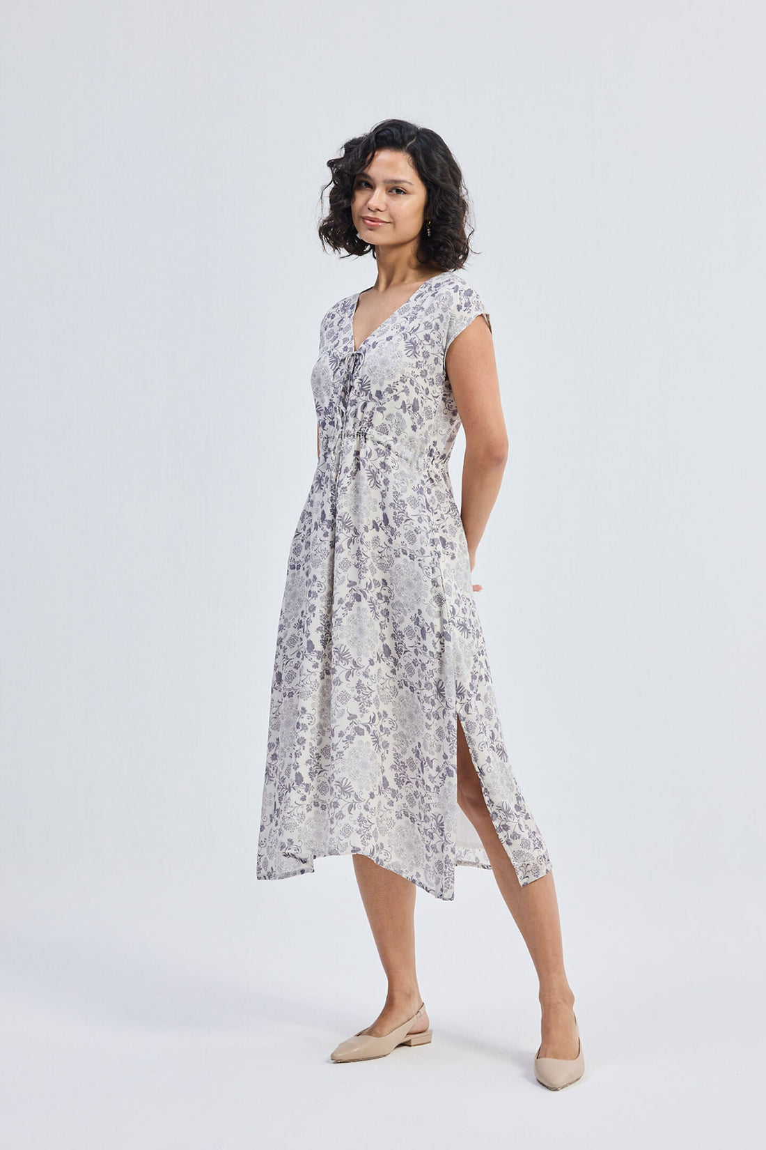 Deep V-neck Gathered Dress in Florals -COL - Stella Carakasi
