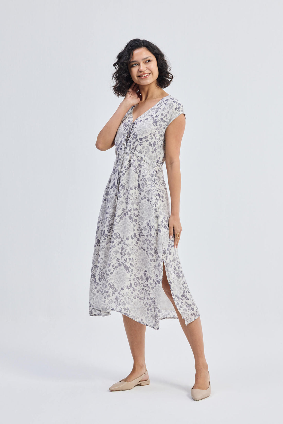 Deep V-neck Gathered Dress in Florals -COL - Stella Carakasi