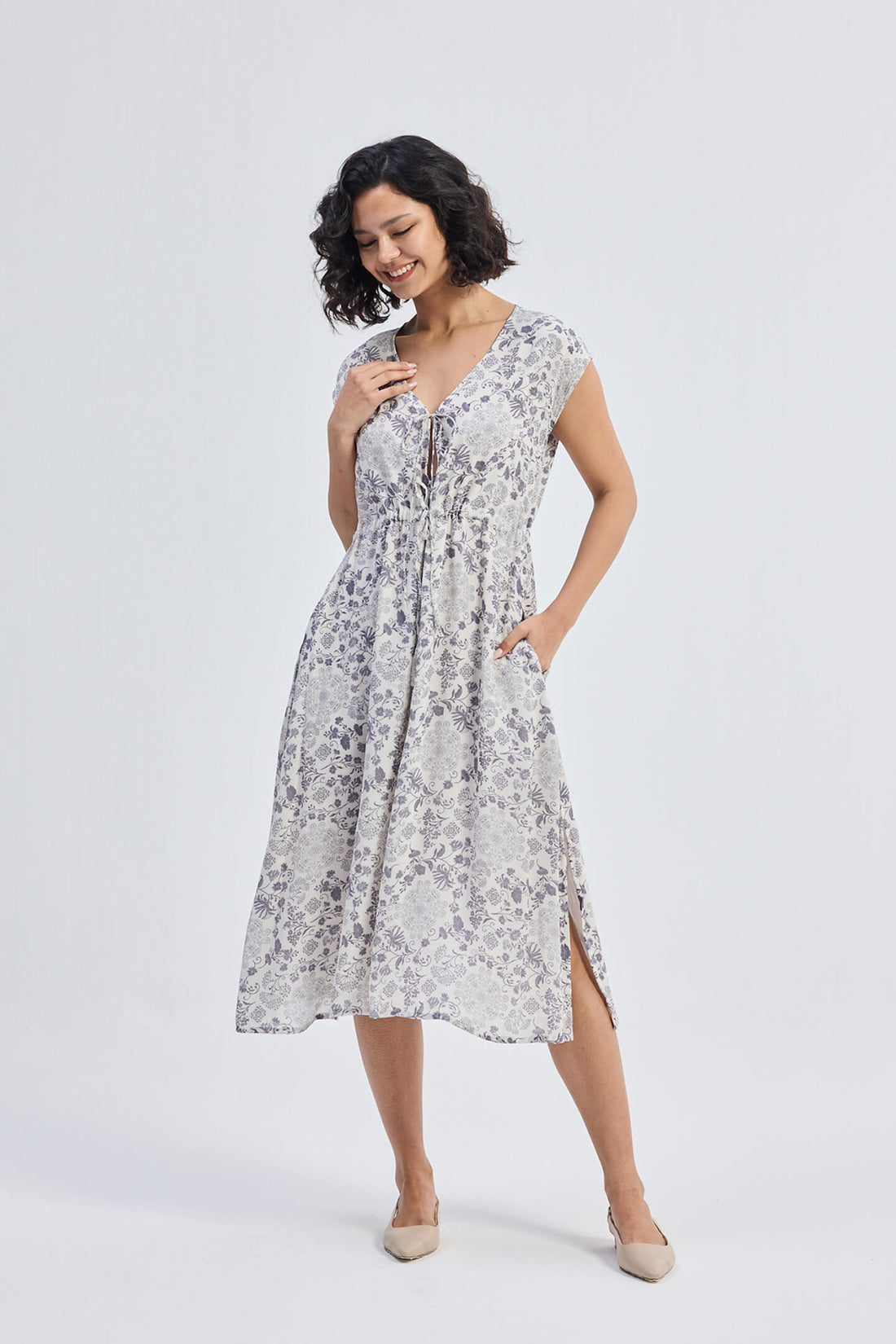 Deep V-neck Gathered Dress in Florals -COL - Stella Carakasi