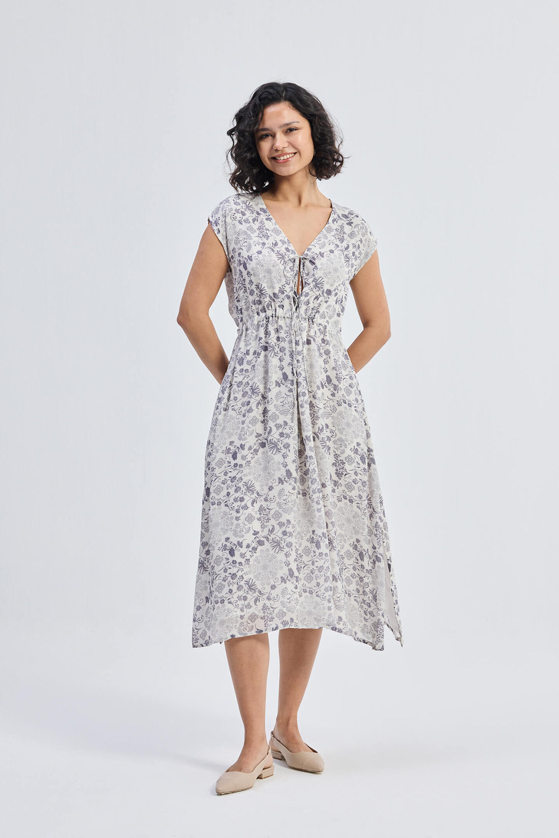 Deep V-neck Gathered Dress in Florals -COL - Stella Carakasi