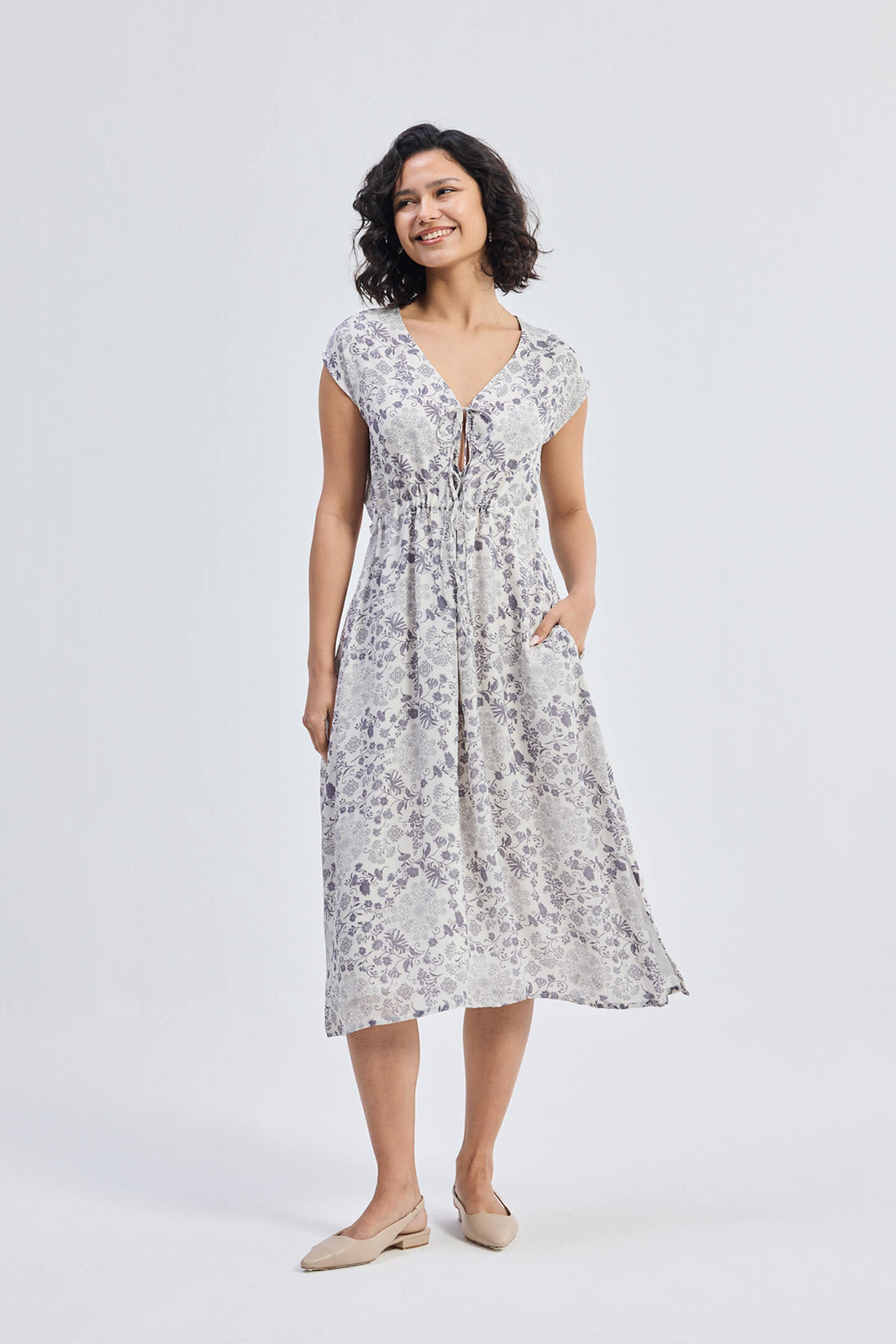 Deep V-neck Gathered Dress in Florals -COL - Stella Carakasi