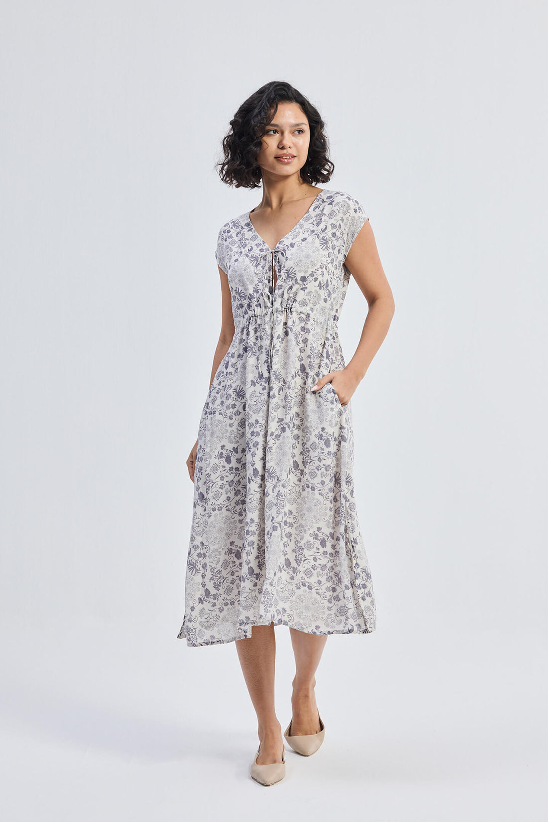 Deep V-neck Gathered Dress in Florals -COL - Stella Carakasi