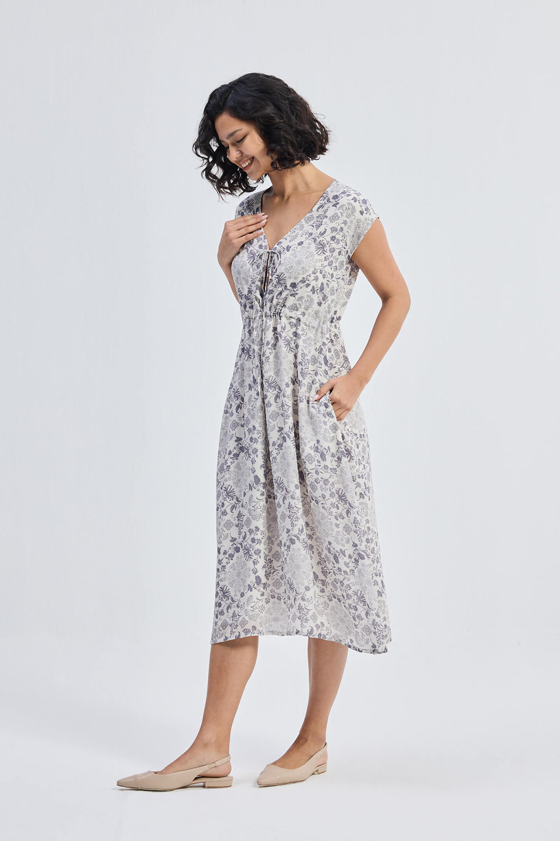 Deep V-neck Gathered Dress in Florals -COL - Stella Carakasi