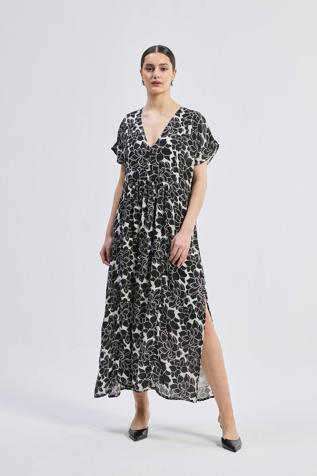 Deep V-neck Maxi Dress with Front Gathers in Black Florals -COL - Stella Carakasi
