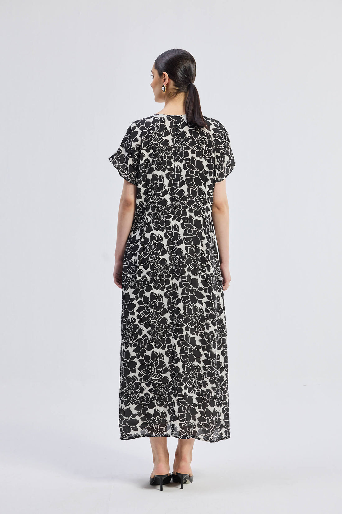 Deep V-neck Maxi Dress with Front Gathers in Black Florals -COL - Stella Carakasi