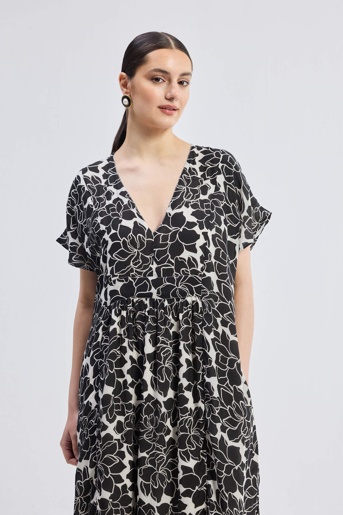 Deep V-neck Maxi Dress with Front Gathers in Black Florals -COL - Stella Carakasi