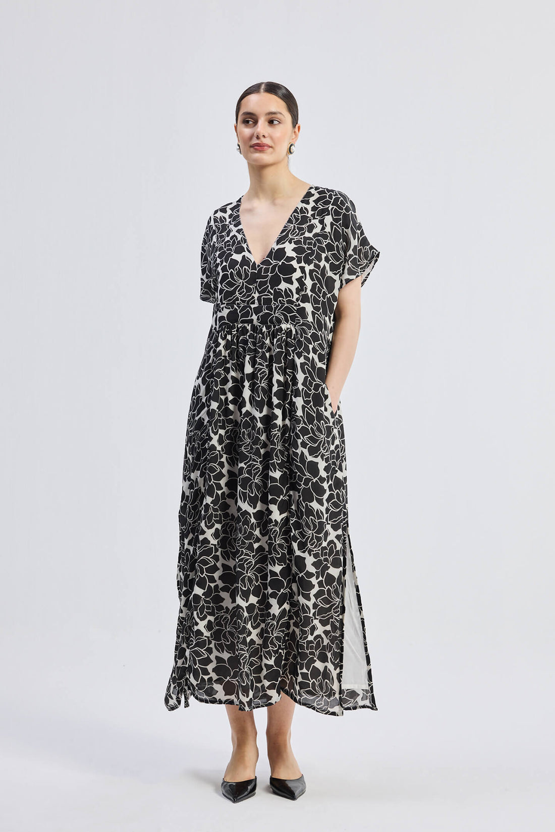 Deep V-neck Maxi Dress with Front Gathers in Black Florals -COL - Stella Carakasi