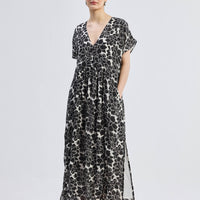 Deep V-neck Maxi Dress with Front Gathers in Black Florals -COL - Stella Carakasi