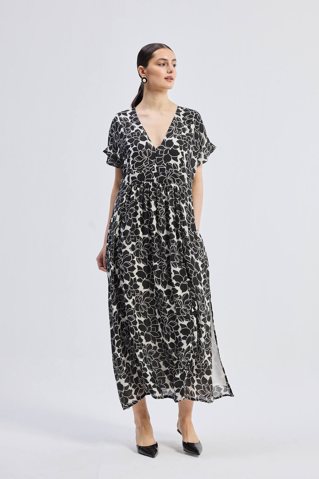 Deep V-neck Maxi Dress with Front Gathers in Black Florals -COL - Stella Carakasi