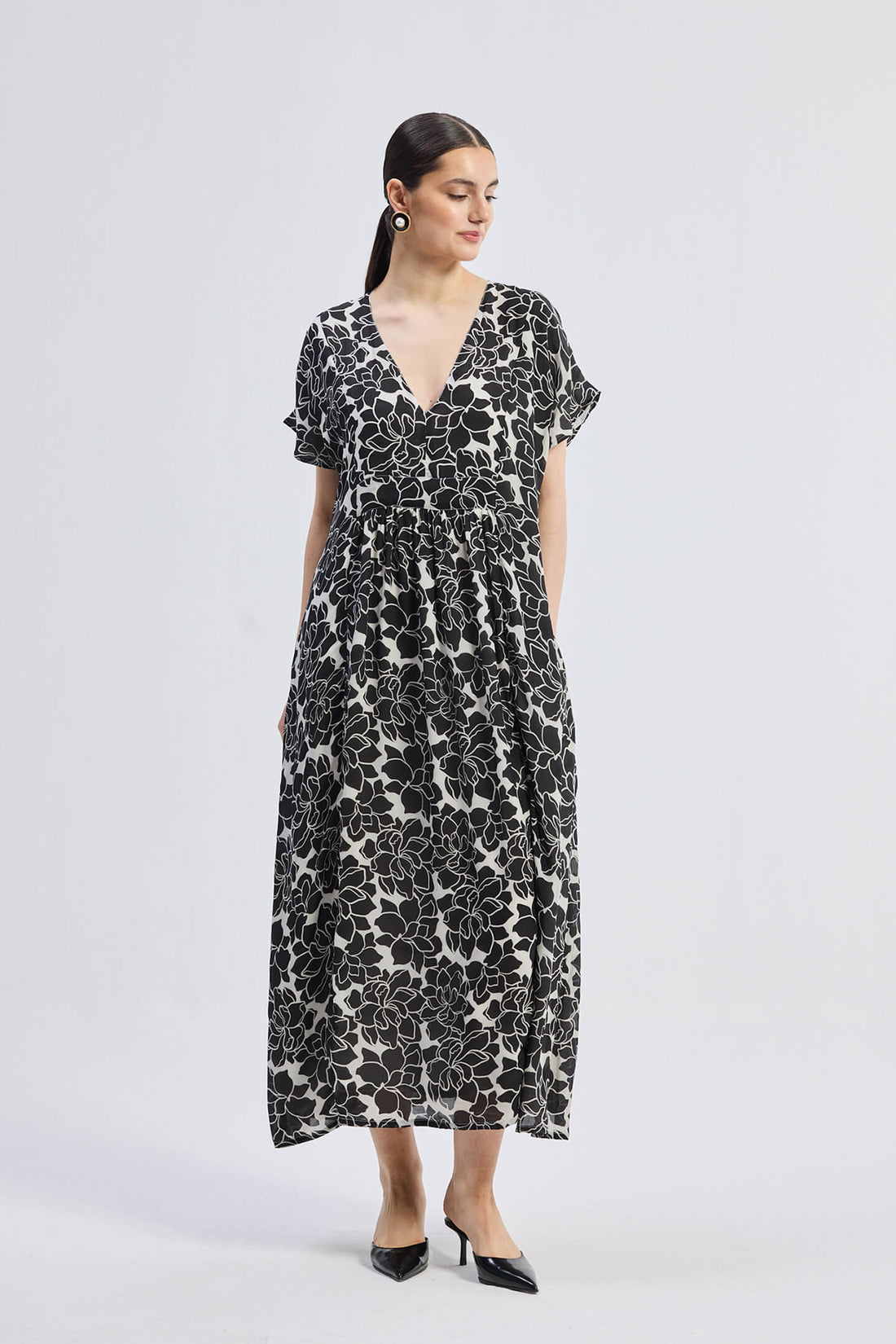 Deep V-neck Maxi Dress with Front Gathers in Black Florals -COL - Stella Carakasi
