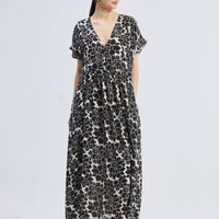 Deep V-neck Maxi Dress with Front Gathers in Black Florals -COL - Stella Carakasi