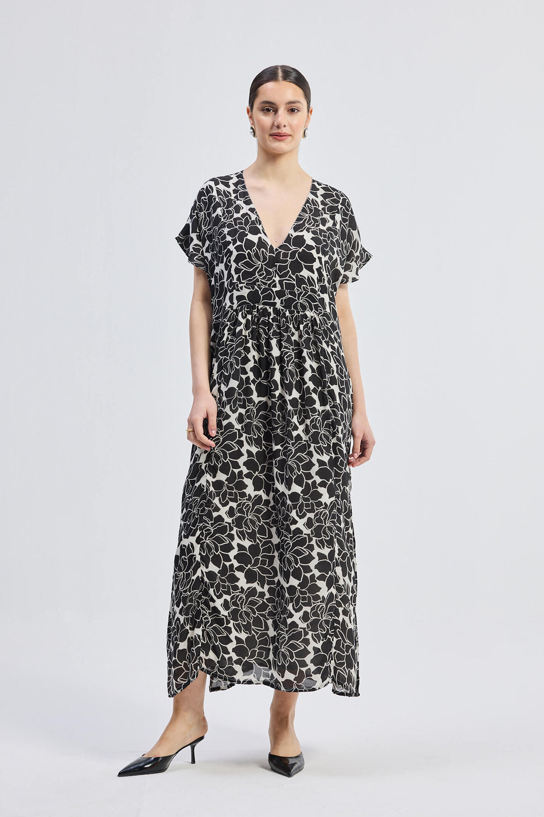 Deep V-neck Maxi Dress with Front Gathers in Black Florals -COL - Stella Carakasi