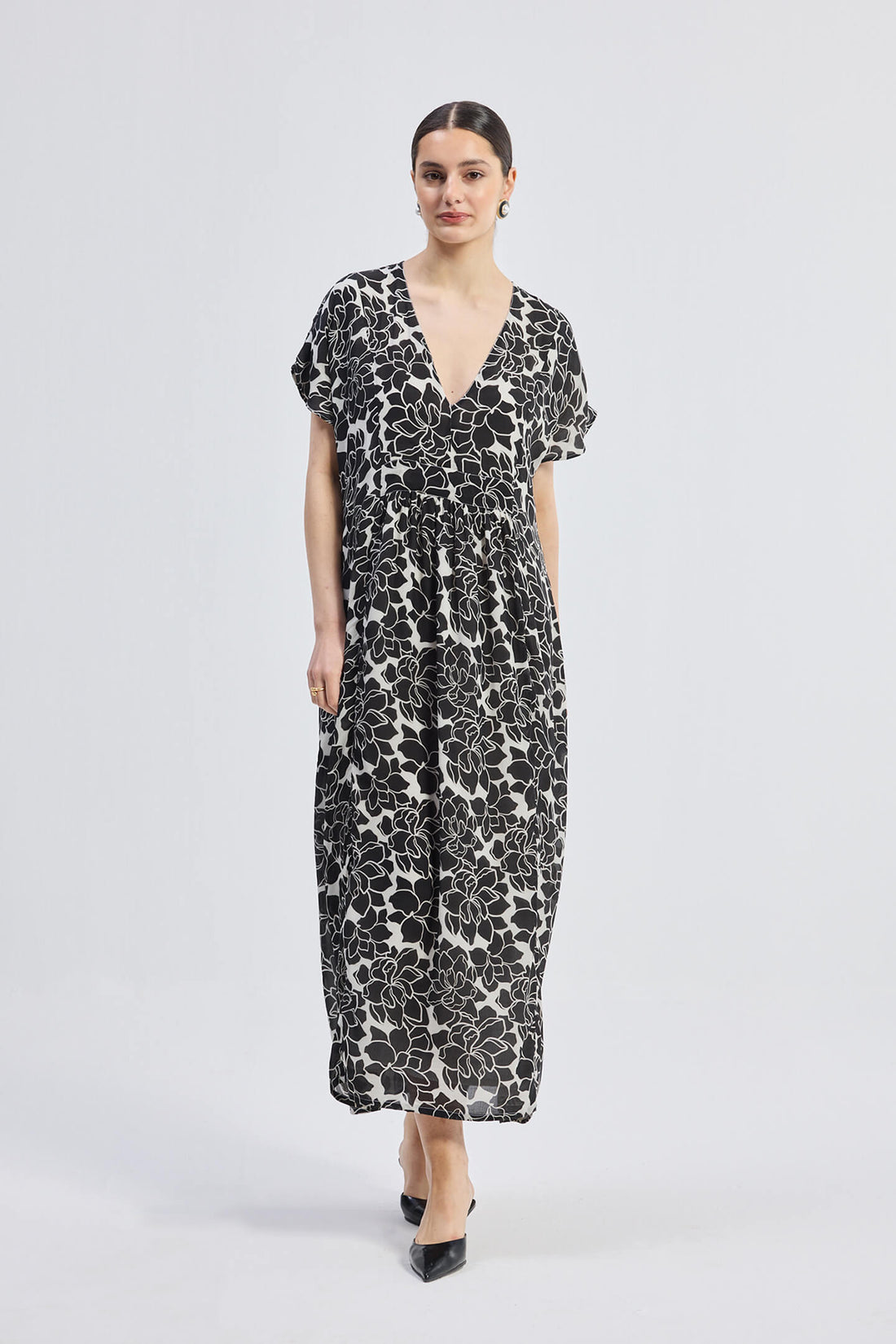 Deep V-neck Maxi Dress with Front Gathers in Black Florals -COL - Stella Carakasi