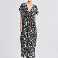 Deep V-neck Maxi Dress with Front Gathers in Black Florals -COL - Stella Carakasi