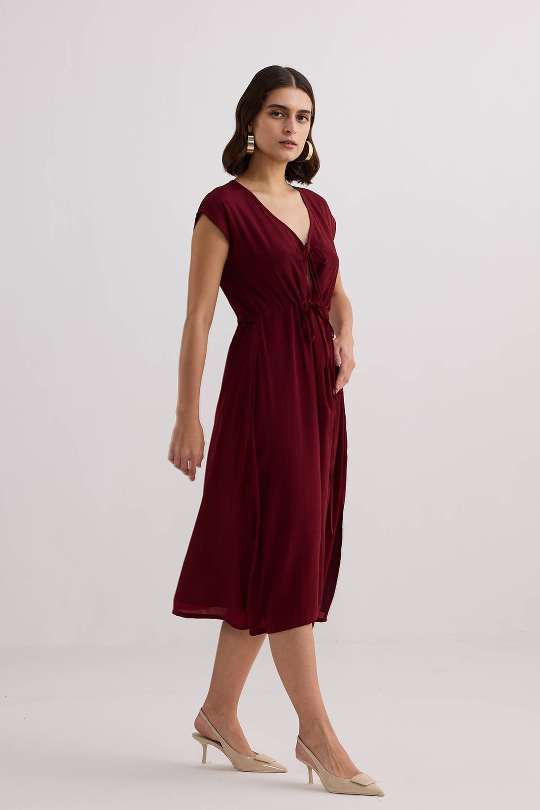 Deep V-neck Gathered Dress -COL