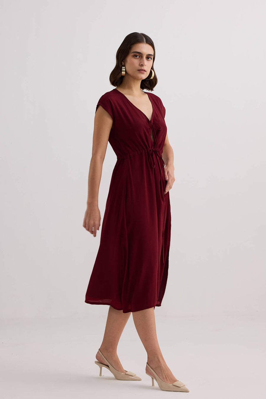 Deep V-neck Gathered Dress -COL