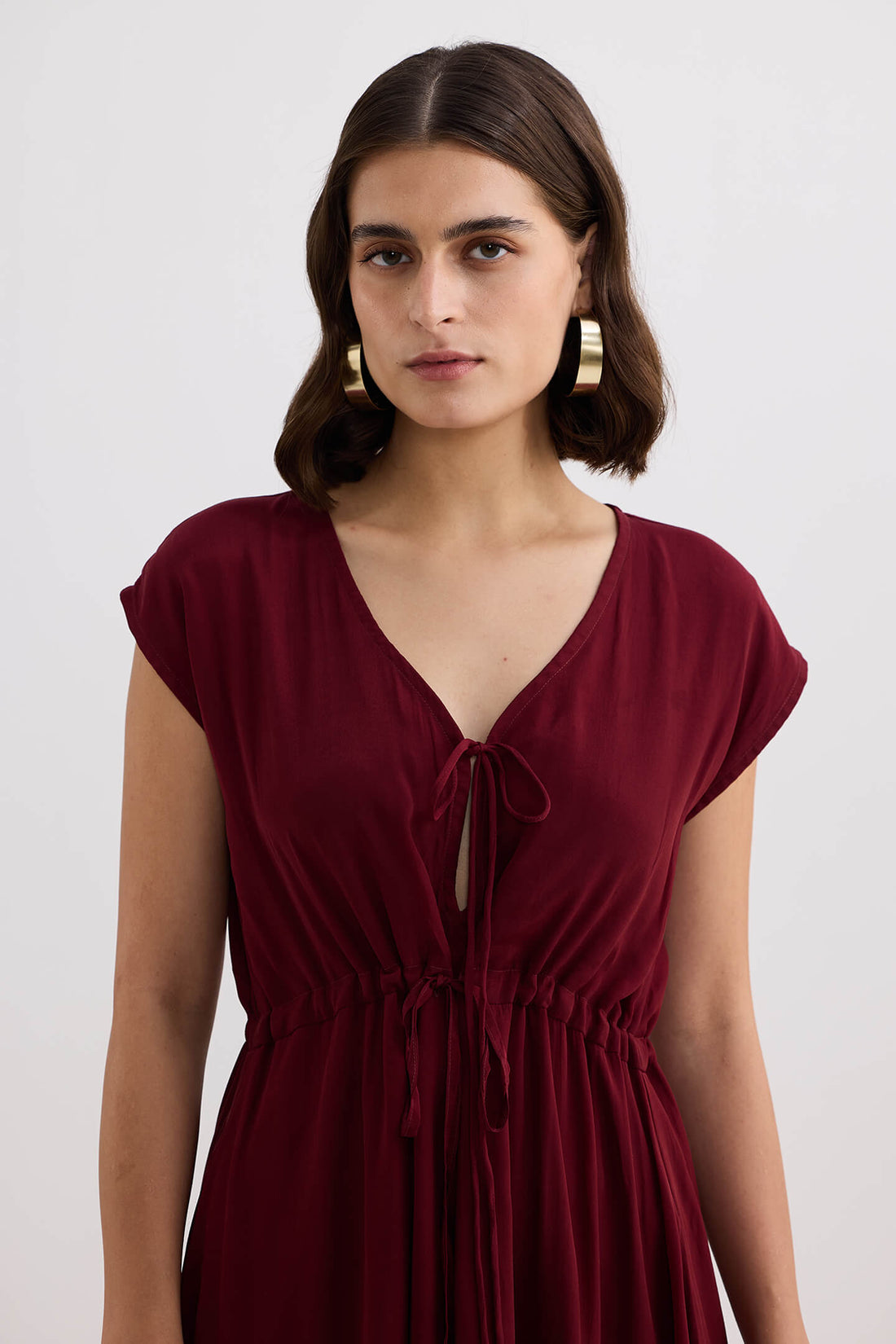 Deep V-neck Gathered Dress -COL