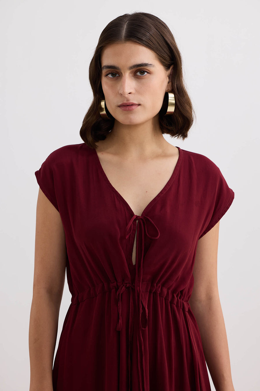 Deep V-neck Gathered Dress -COL