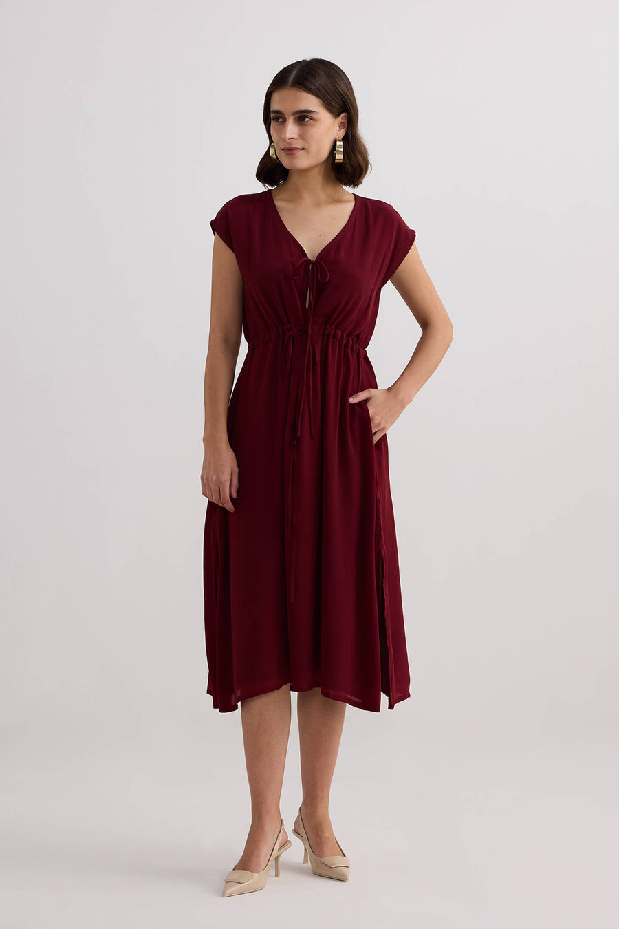 Deep V-neck Gathered Dress -COL