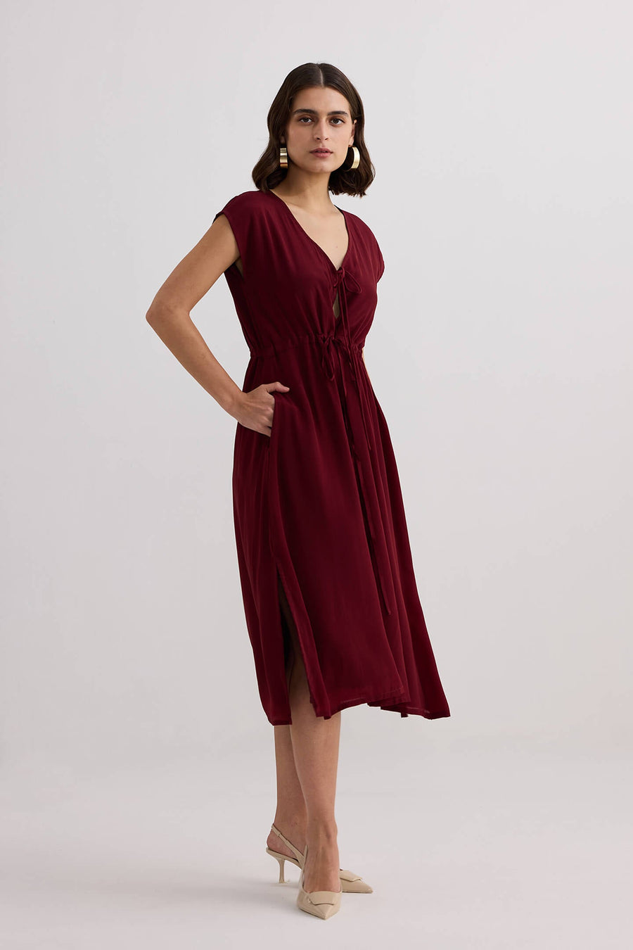 Deep V-neck Gathered Dress -COL
