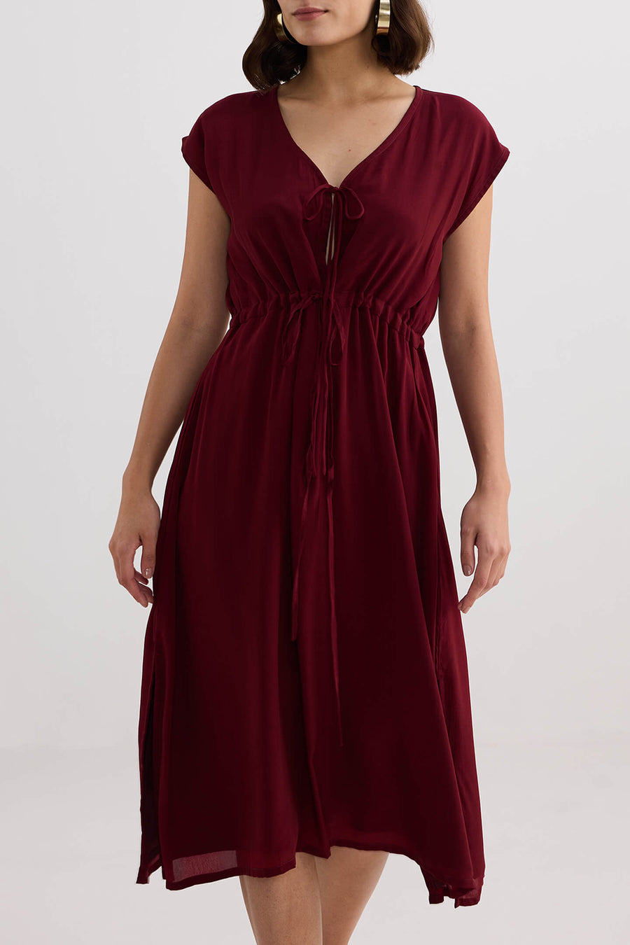 Deep V-neck Gathered Dress -COL