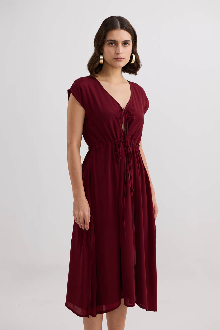 Deep V-neck Gathered Dress -COL