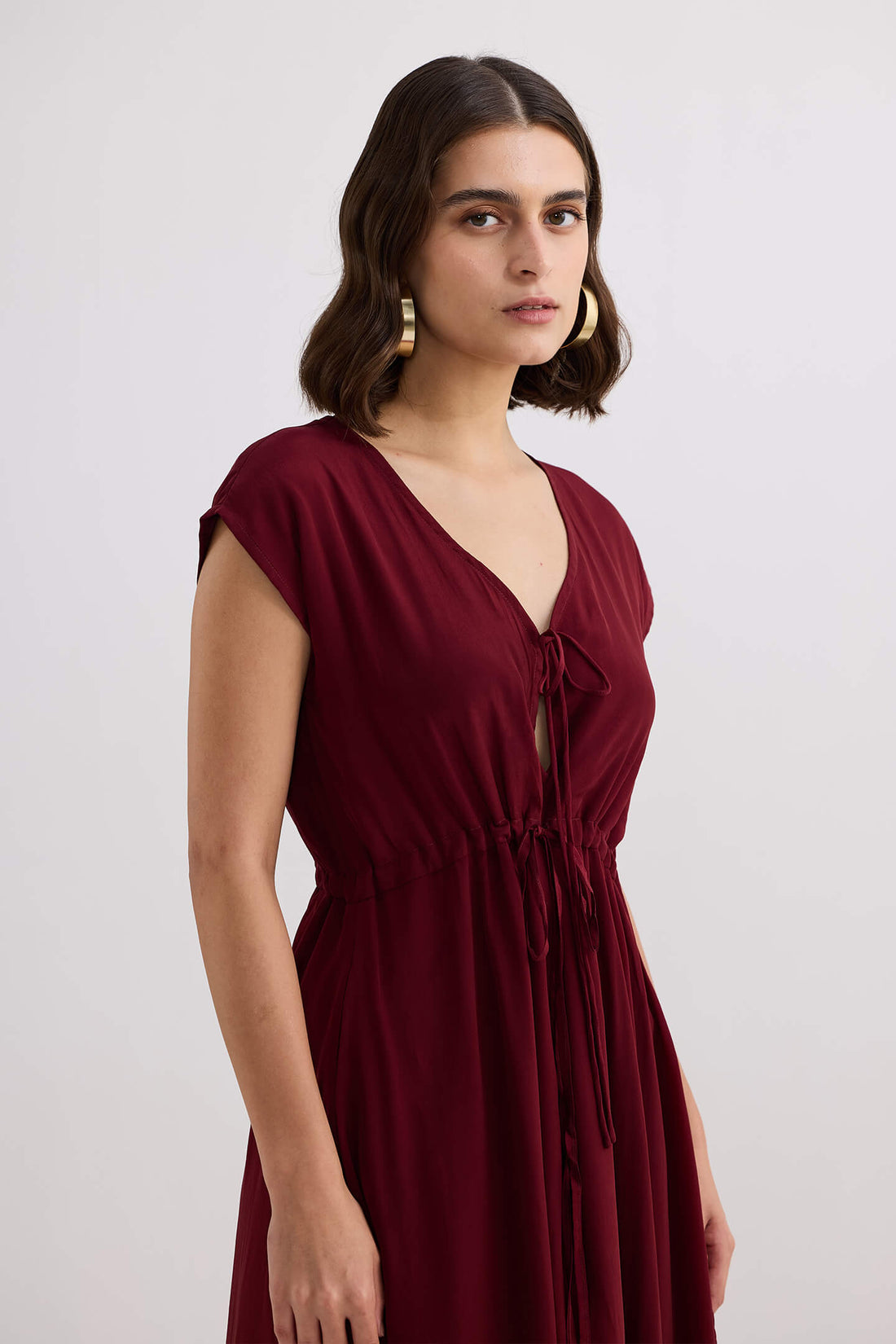 Deep V-neck Gathered Dress -COL