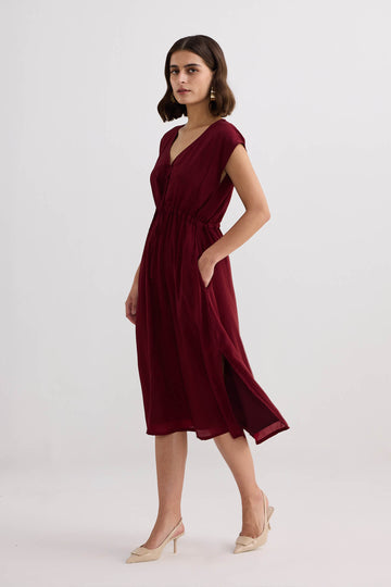 Deep V-neck Gathered Dress -COL