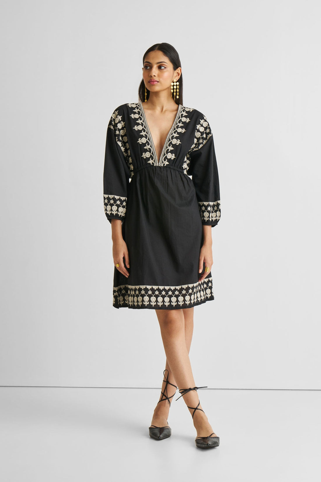 Deep V Embroidered Dress in Black -COL - Stella Carakasi