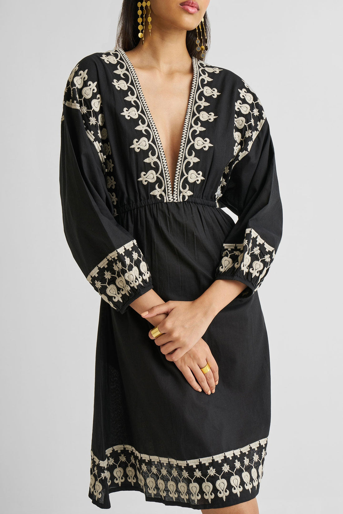 Deep V Embroidered Dress in Black -COL - Stella Carakasi