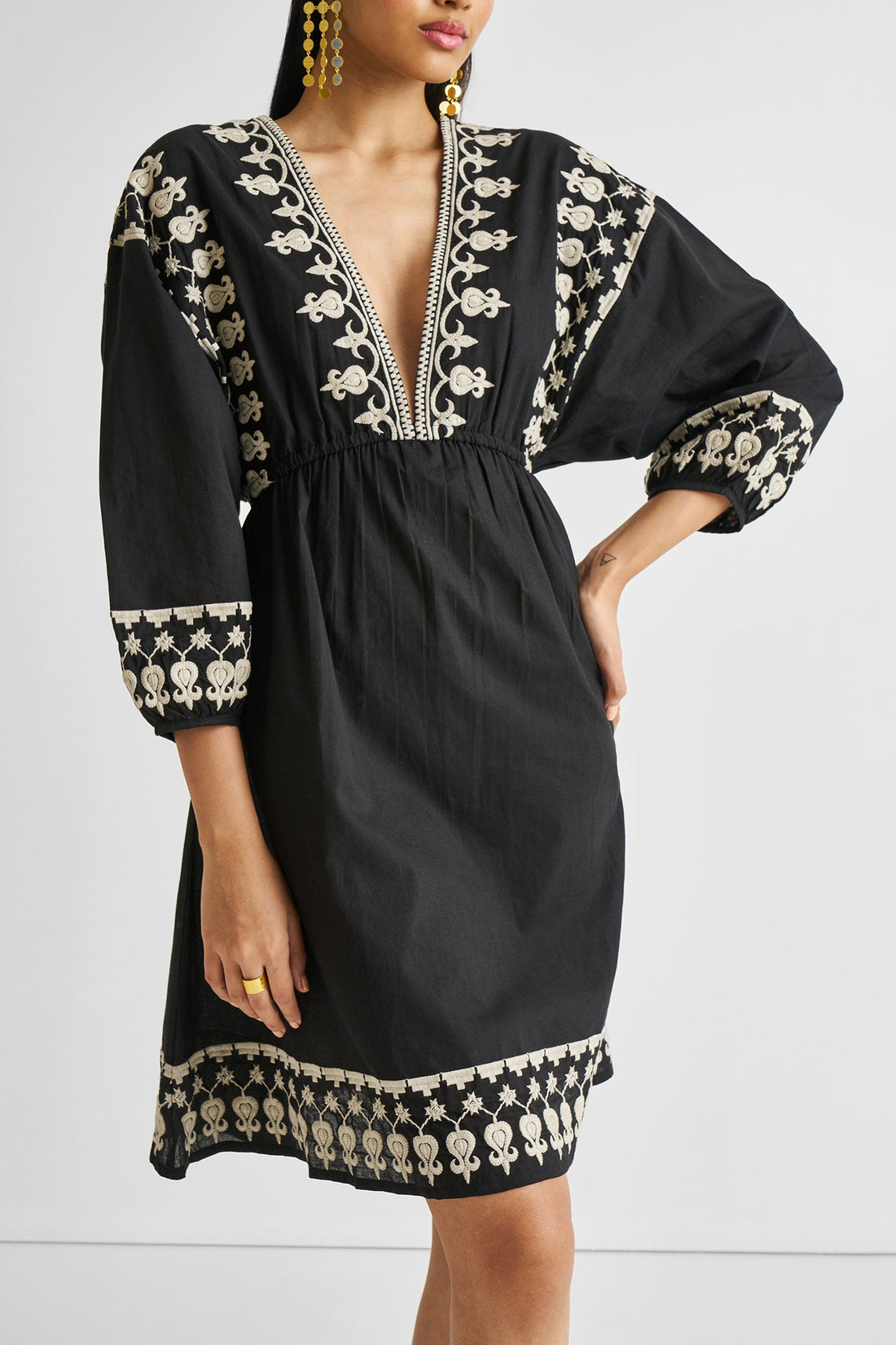 Deep V Embroidered Dress in Black -COL - Stella Carakasi