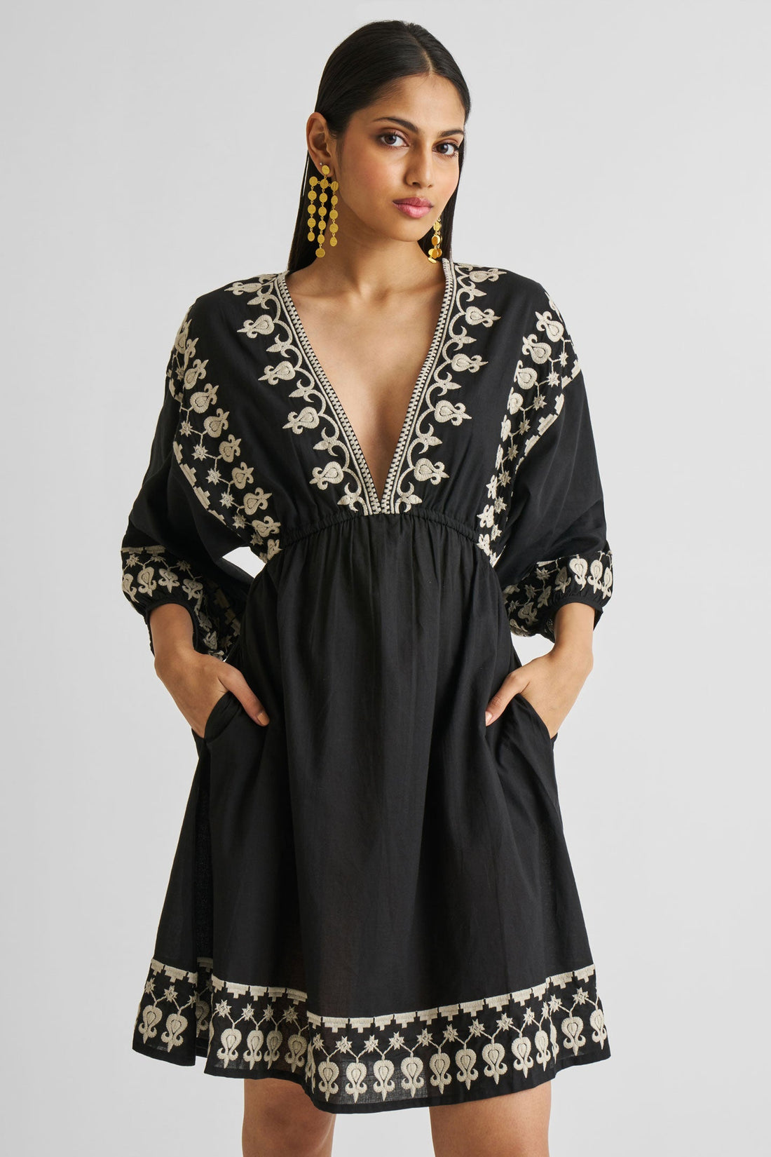 Deep V Embroidered Dress in Black -COL - Stella Carakasi