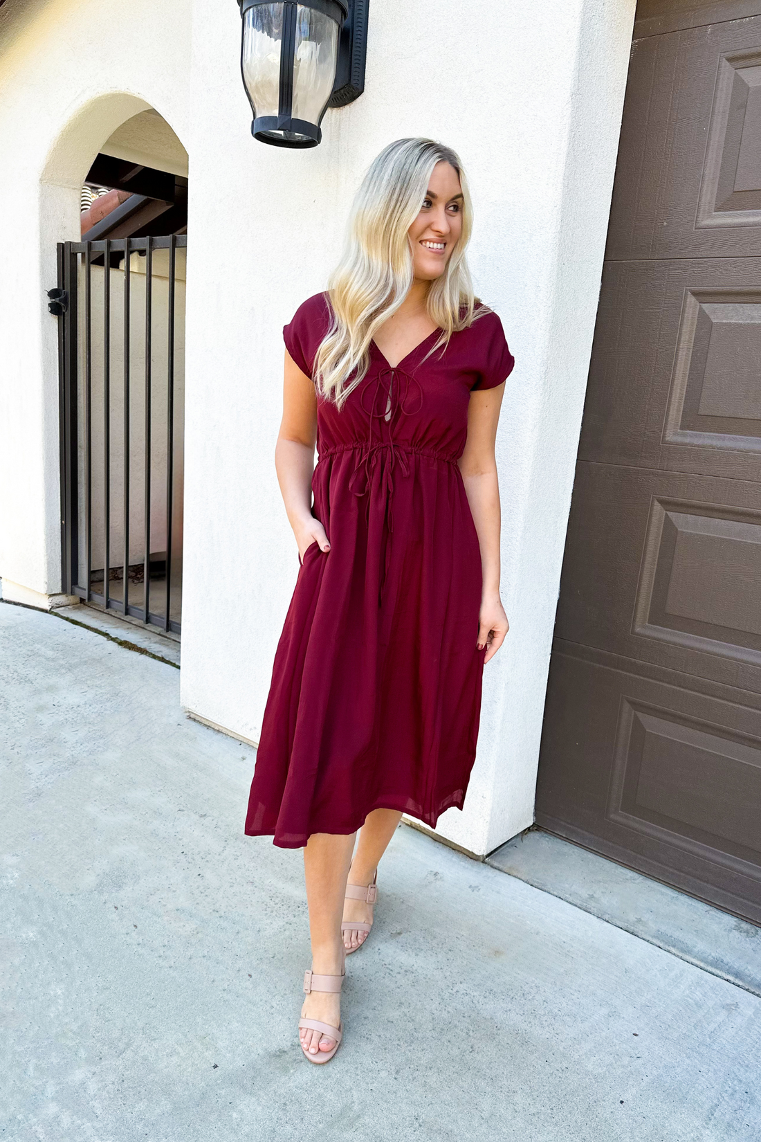 Deep V-neck Gathered Dress -COL