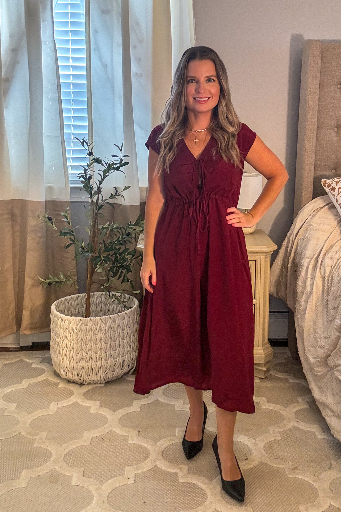 Deep V-neck Gathered Dress -COL