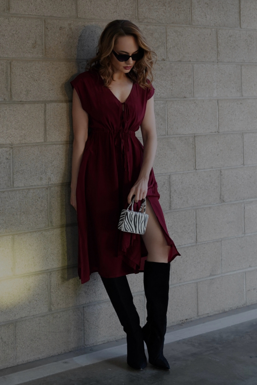 Deep V-neck Gathered Dress -COL