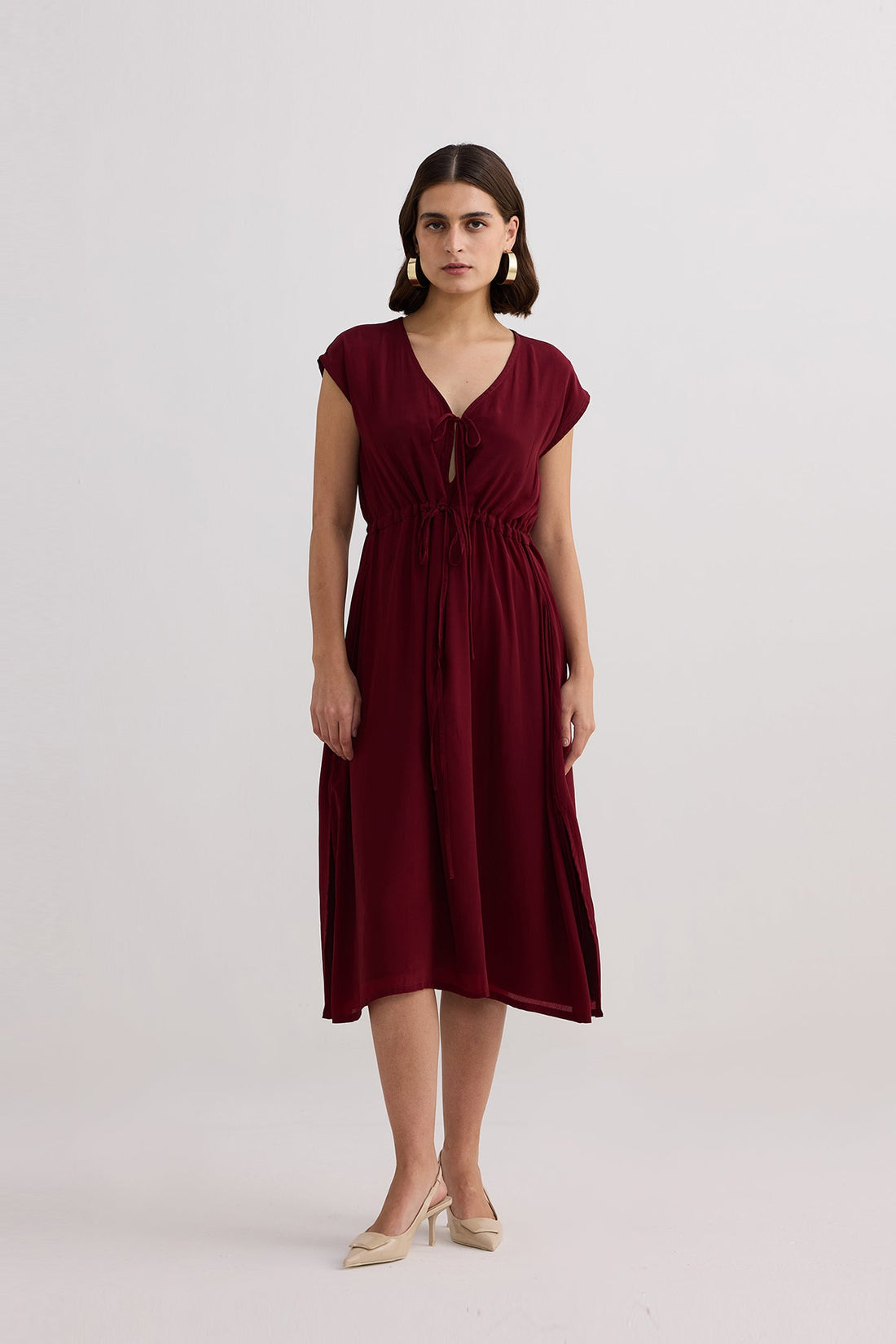 Deep V-neck Gathered Dress -COL