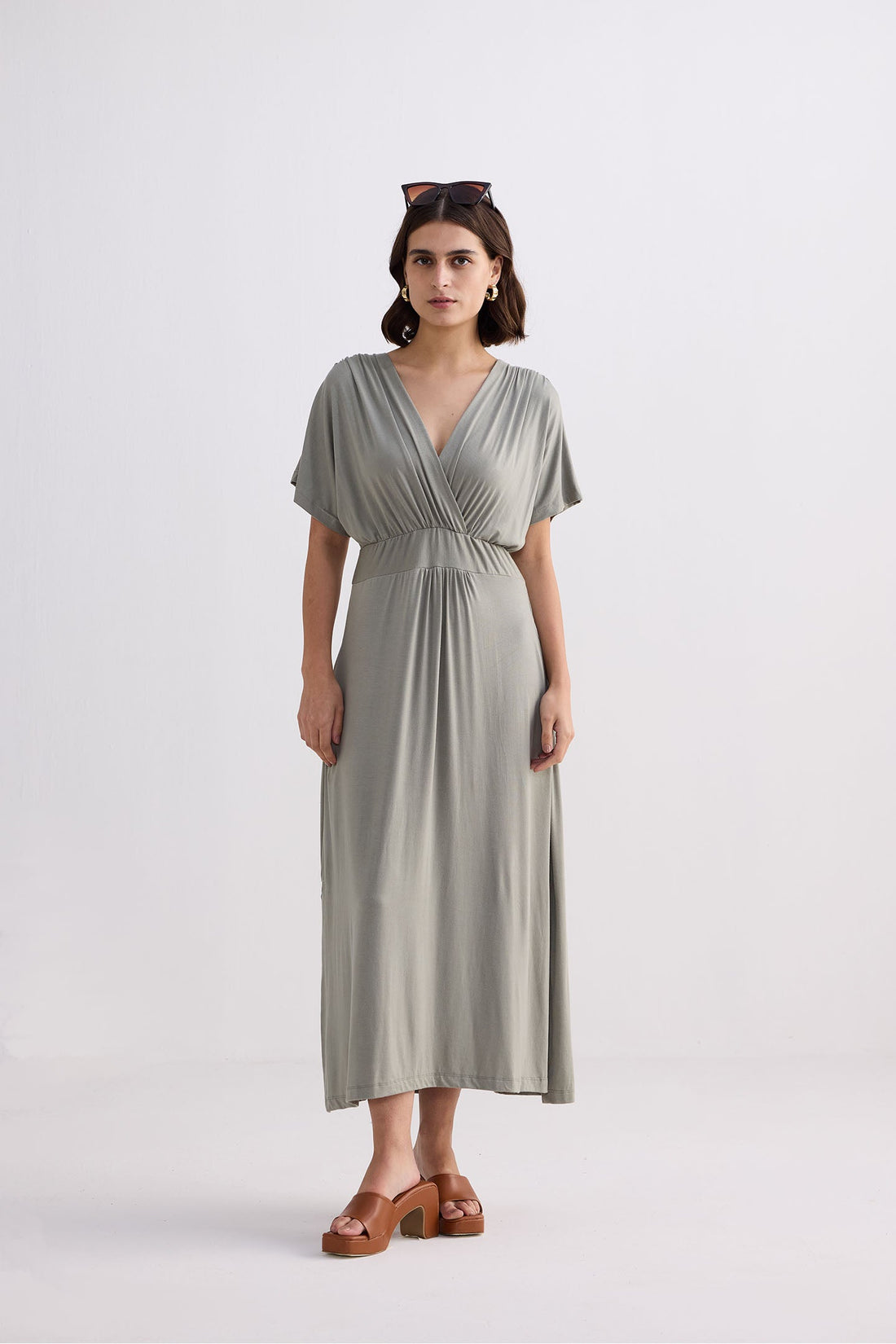 Flowy A-Line Maxi Dress with Side Slits in Light Olive -COL - Stella Carakasi