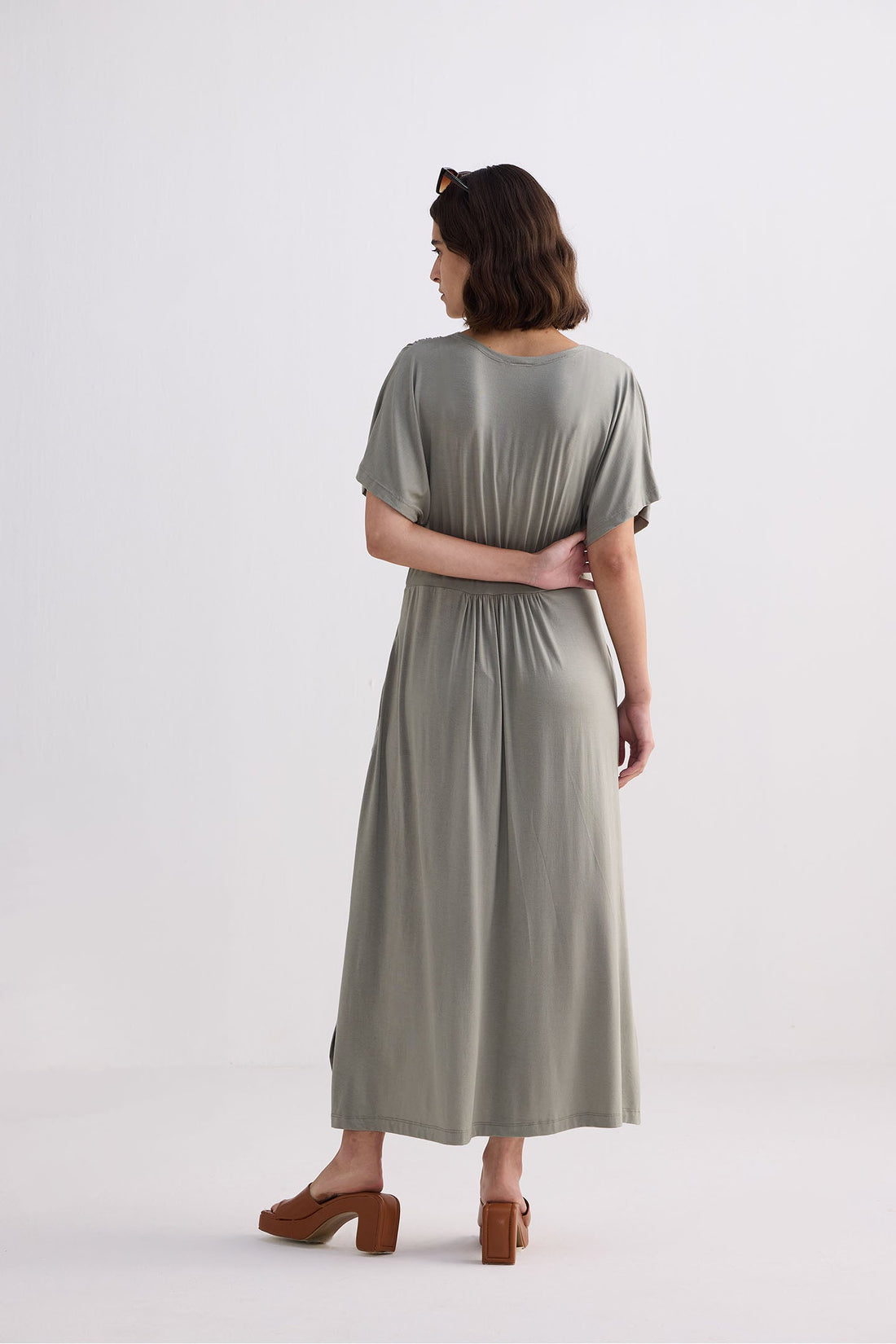 Flowy A-Line Maxi Dress with Side Slits in Light Olive -COL - Stella Carakasi