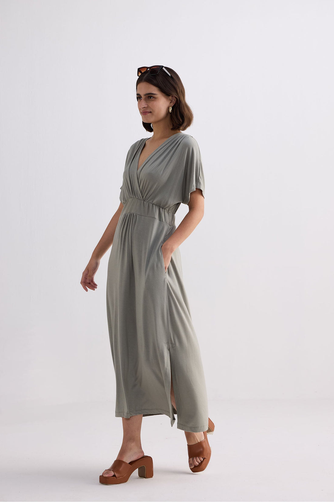 Flowy A-Line Maxi Dress with Side Slits in Light Olive -COL - Stella Carakasi
