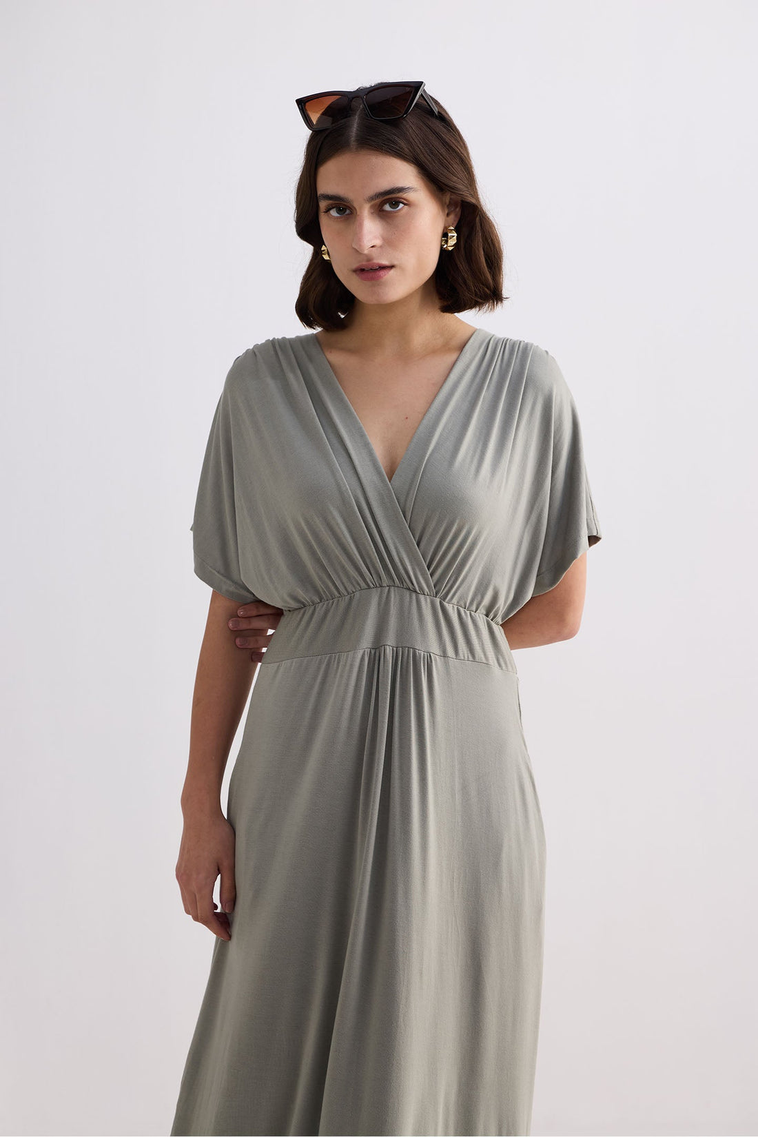 Flowy A-Line Maxi Dress with Side Slits in Light Olive -COL - Stella Carakasi