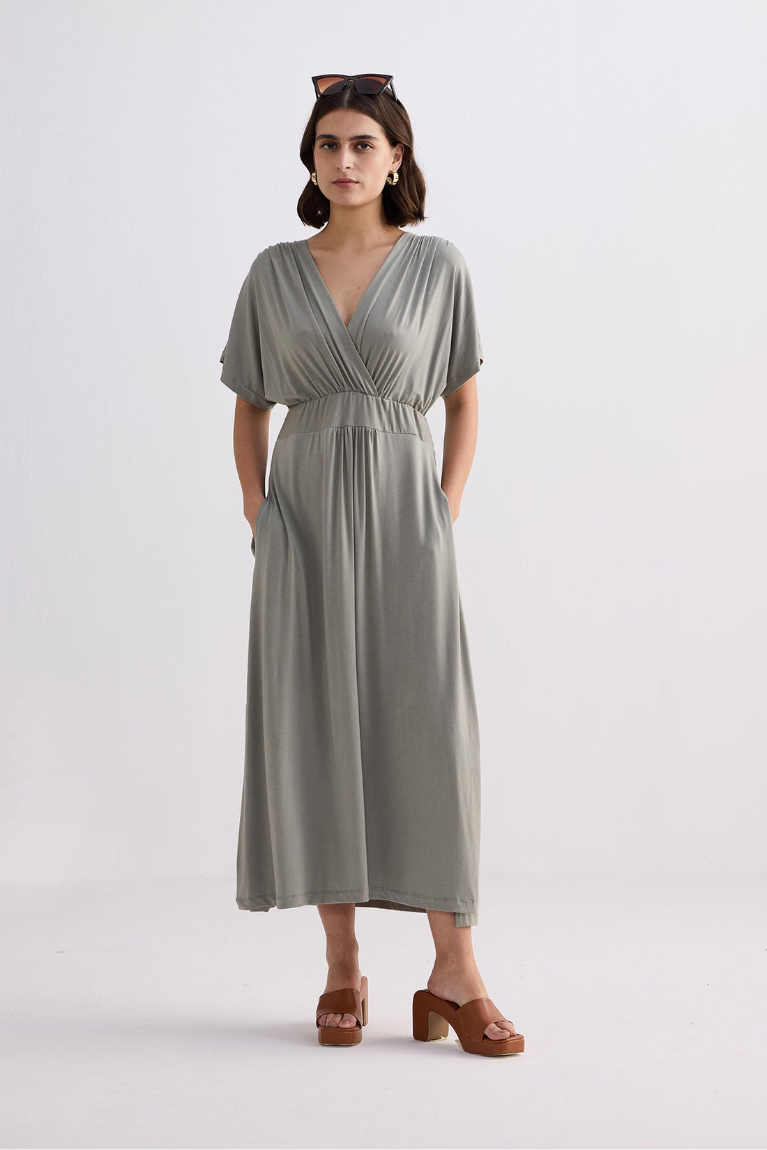 Flowy A-Line Maxi Dress with Side Slits in Light Olive -COL - Stella Carakasi