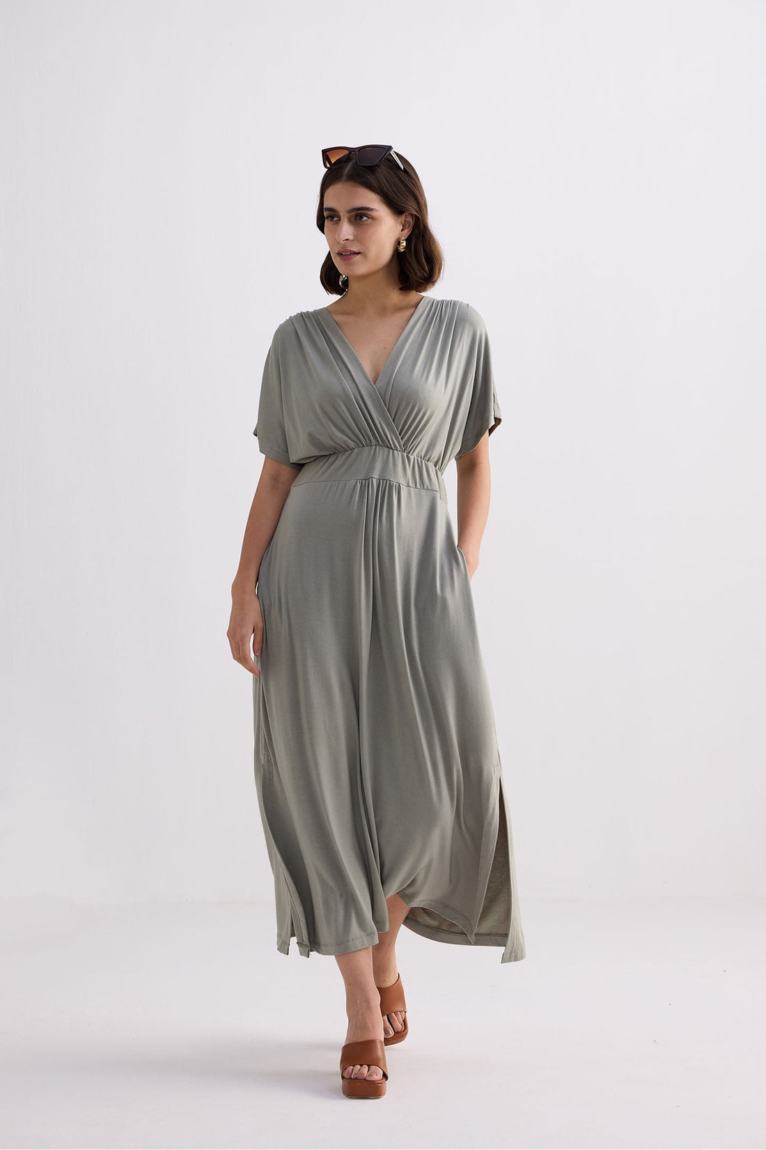 Flowy A-Line Maxi Dress with Side Slits in Light Olive -COL - Stella Carakasi