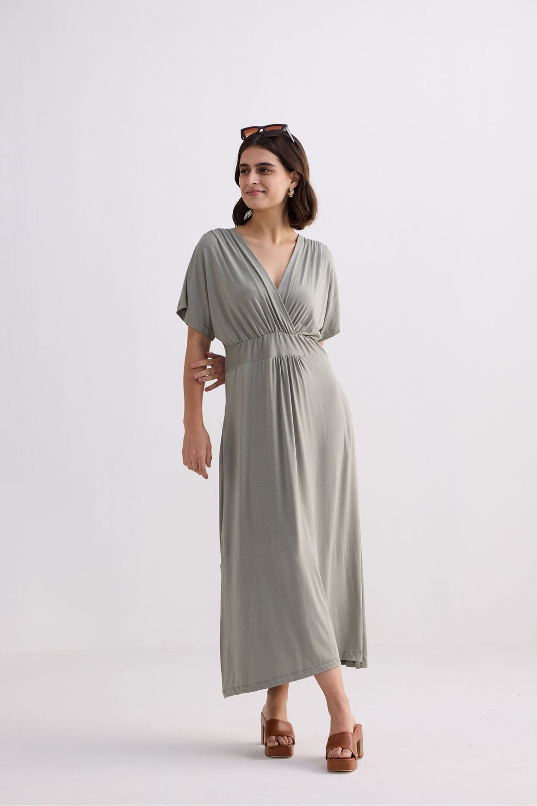 Flowy A-Line Maxi Dress with Side Slits in Light Olive -COL - Stella Carakasi