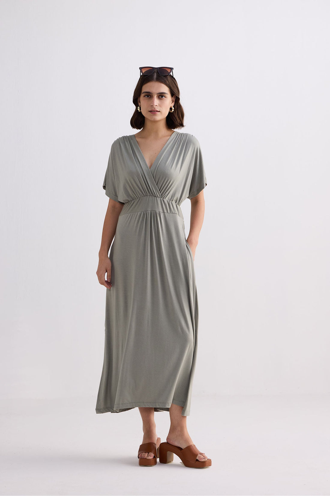 Flowy A-Line Maxi Dress with Side Slits in Light Olive -COL - Stella Carakasi