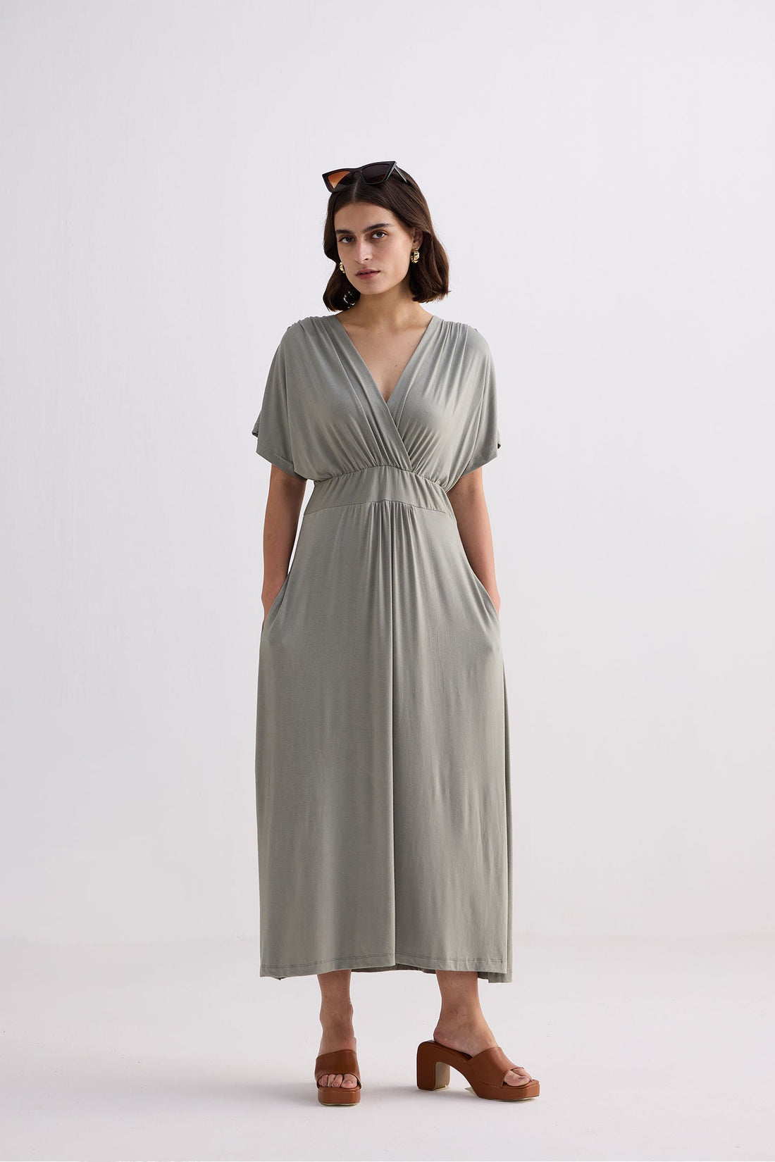 Flowy A-Line Maxi Dress with Side Slits in Light Olive -COL - Stella Carakasi