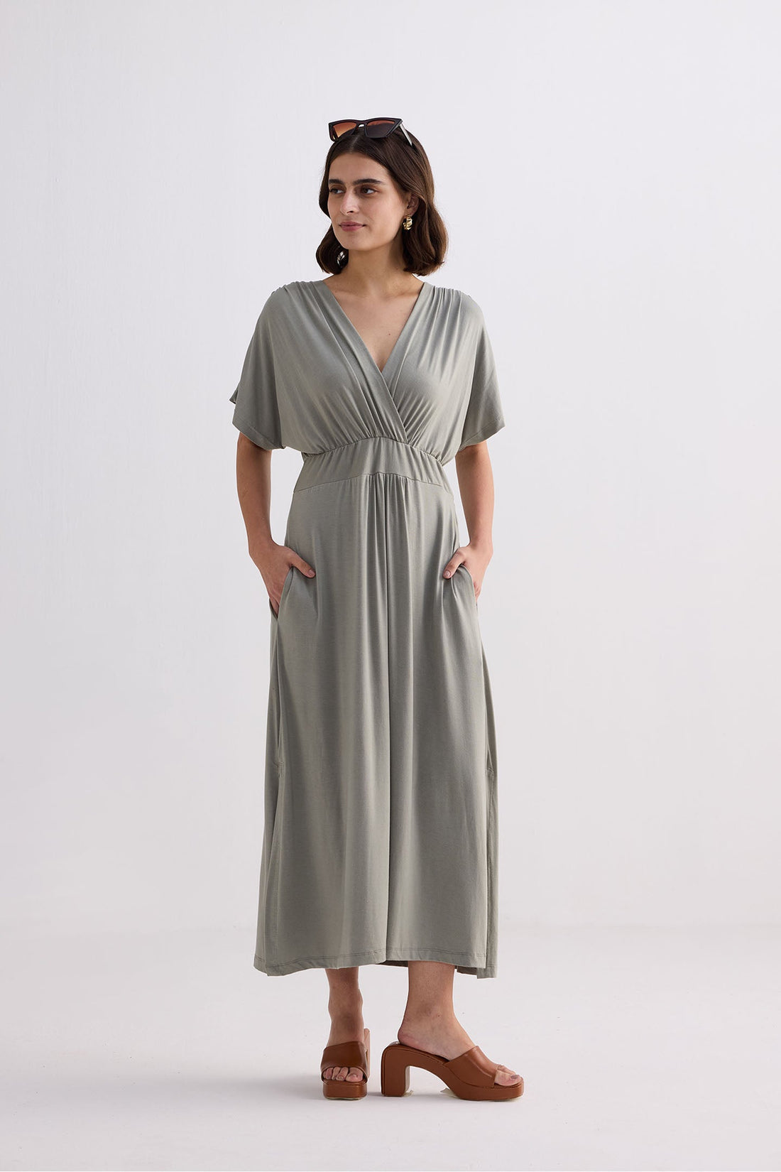 Flowy A-Line Maxi Dress with Side Slits in Light Olive -COL - Stella Carakasi
